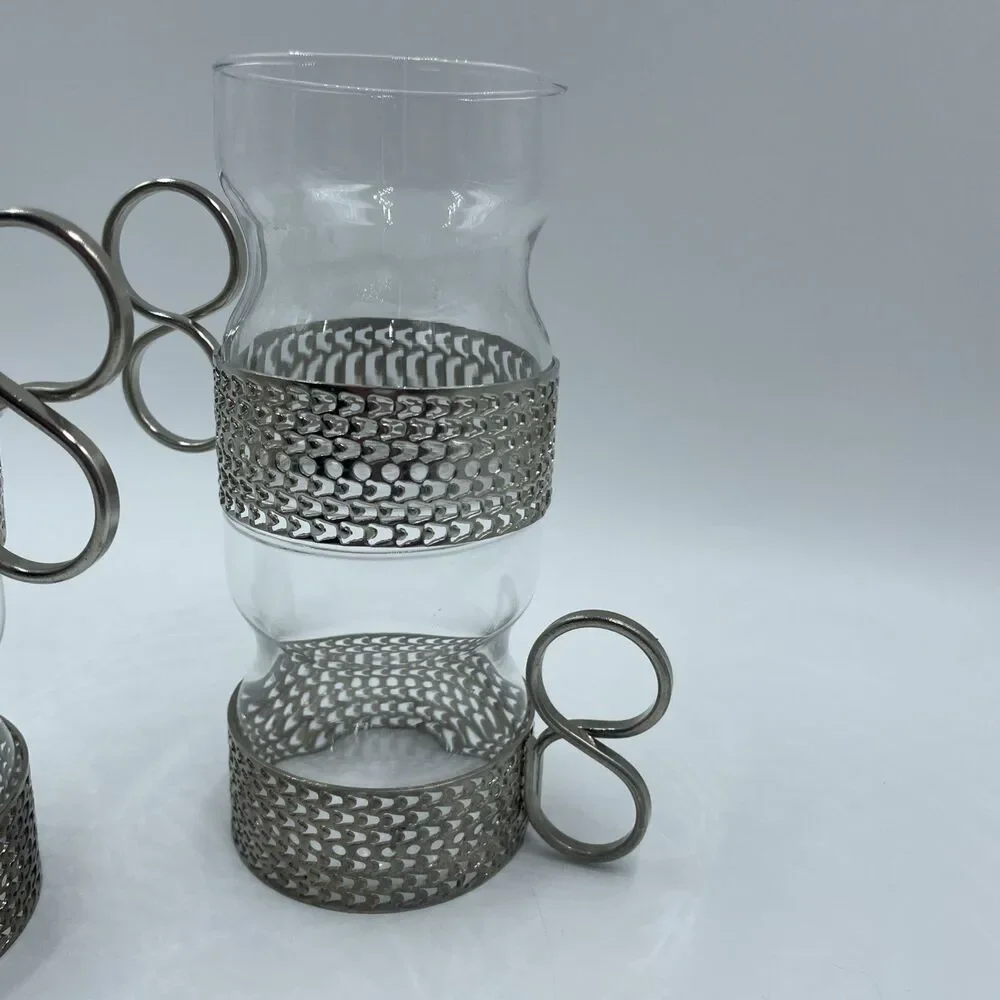 Set of FOUR Iittala Finland Tsaikka Glass w/ Metal Holder ~ Timo Sarpaneva